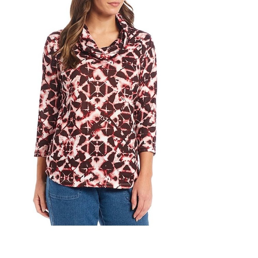 Allison Daley Women Petite Diamond Print Hacci Knit 3/4 Sleeve Cowl Neck Top NWT